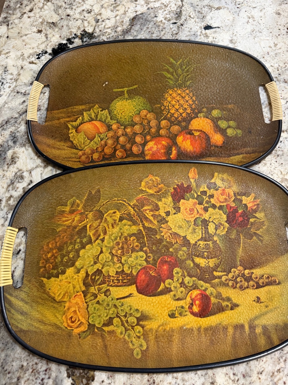 Pair 1960s Fiberglass Serving Trays Fruit Floral Still Life 18x12” Thanksgiving